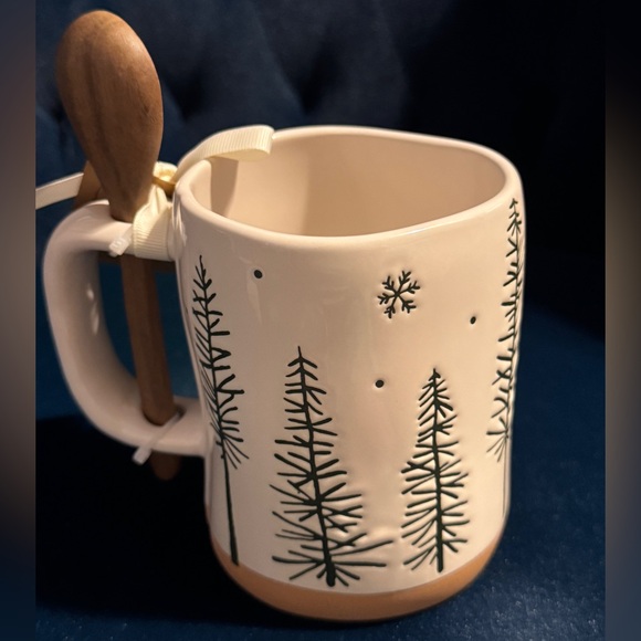 Rae Dunn “cozy” mug, wooden spoon, matte beige bottom w black deer trees & snow - Picture 5 of 7